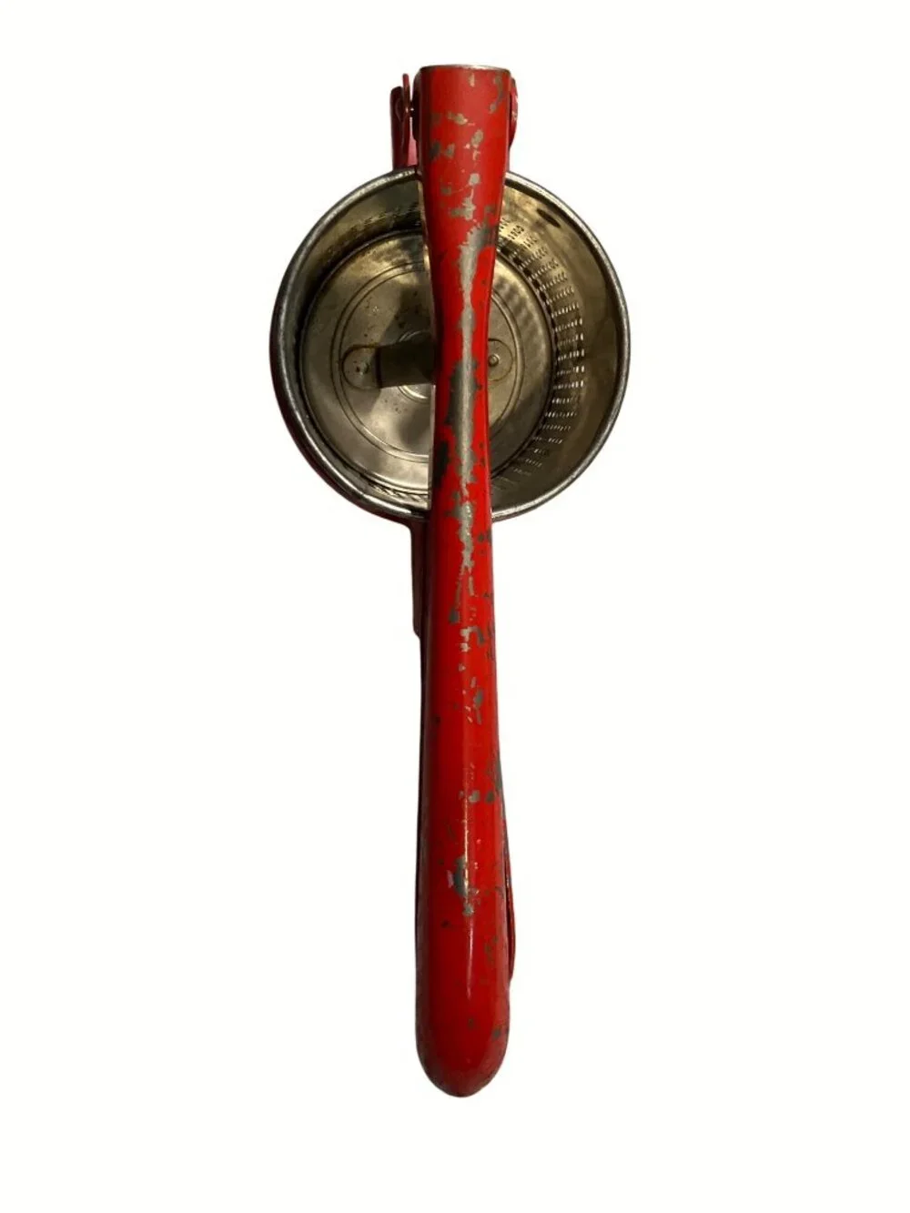 Red Metal Potato Ricer With Perforated Basket And Press Handle Vintage